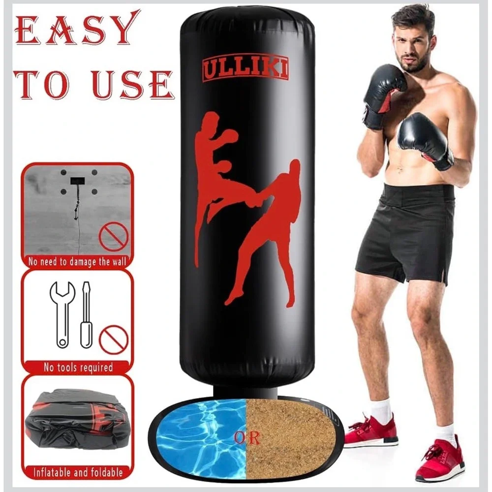 Ulliki 65 Inch Inflatable Freestanding Punching Bag Heavy Boxing Bag Black Red - Picture 3 of 3